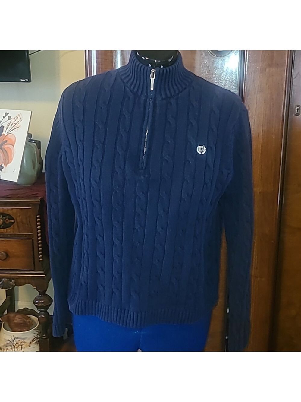 Chaps Cable Knit Sweater.sz.L.dark Blue/white Chaps Emblem. Unisex. (#1573) - Picture 4 of 15